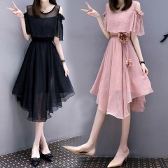 送同款腰帶 雪紡連衣裙2020夏裝仙女甜美顯瘦夏季中長款露肩裙子