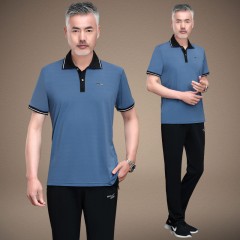 【正品冰絲】休閑運動套裝男中年爸爸短袖POLO衫翻領(lǐng)兩件套