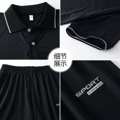 【正品冰絲】休閑運動套裝男中年爸爸短袖POLO衫翻領(lǐng)兩件套