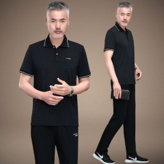 【正品冰絲】休閑運動套裝男中年爸爸短袖POLO衫翻領(lǐng)兩件套