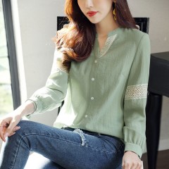 2020年春季新品女款韓版時尚百搭甜美拼接花邊V領(lǐng)襯衫