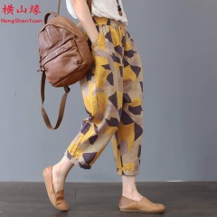 【100%】棉【好質量】文藝哈倫褲2019新款夏季女褲印花九分休閑褲