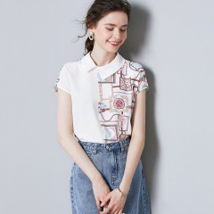 2020年夏季新款女士休閑簡約時尚雪紡印花拼接不對稱領子襯衫